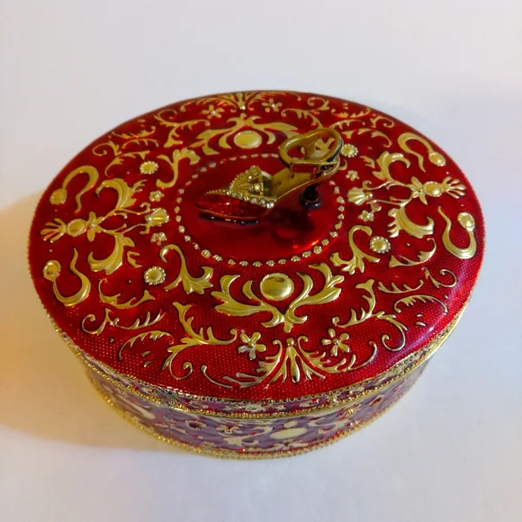 Vintage Red Gold Oval Jewelry Trinket Box With Shoe On Top Rococo Style …